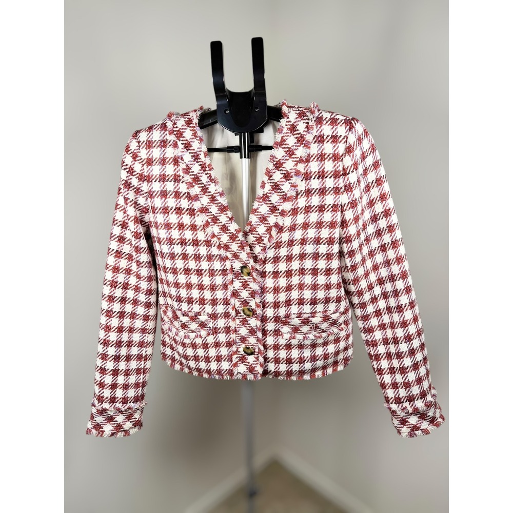 Ann Taylor Red White Houndstooth Tweed Cropped Fringe‎ Jacket Blazer Size 2